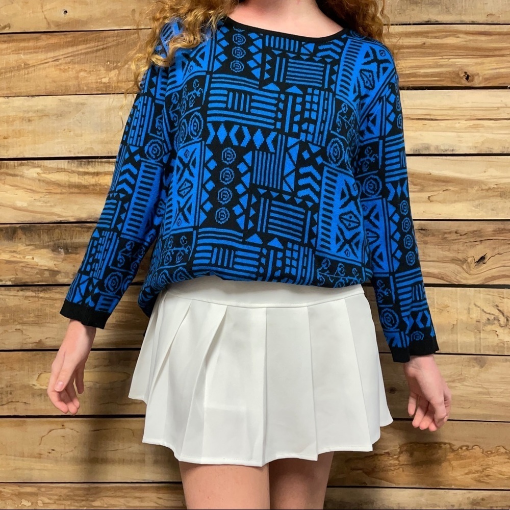Southern Lady blue & black retro geometric sweater funky scoop neck long sleeve
